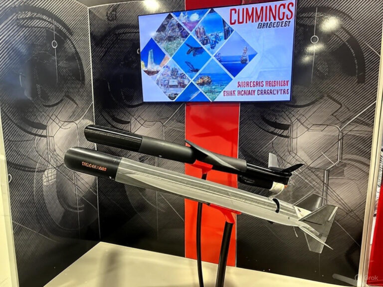 A display of Cummings Aerospace's Hellhound S3 and S4 modular drones showcased at the Space and Missile Defense Symposium in Huntsville, Alabama, highlighting advanced unmanned aerial systems for homeland defense.