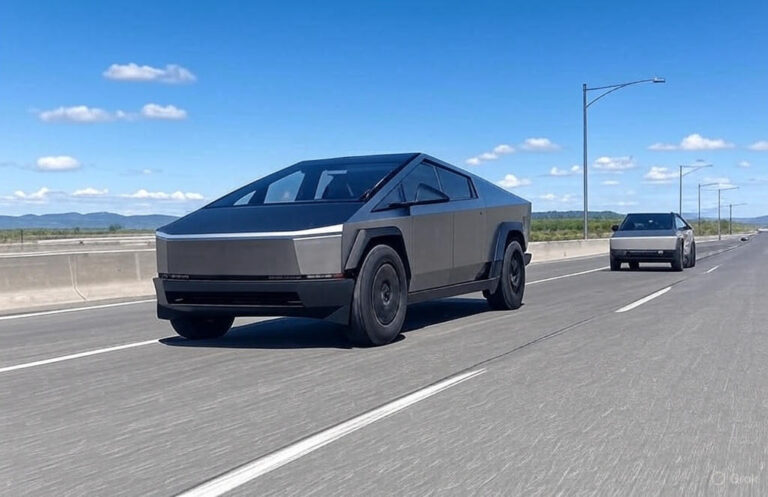 A Tesla Cybertruck parked in an open area, designated as a target for U.S. Air Force precision munition training.