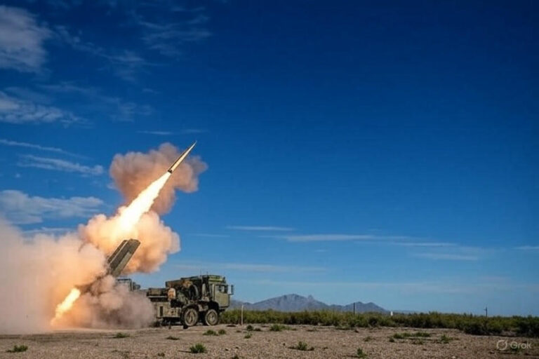 Rheinmetall HX 8×8 vehicle launching GMARS with GMLRS munitions at White Sands Missile Range.