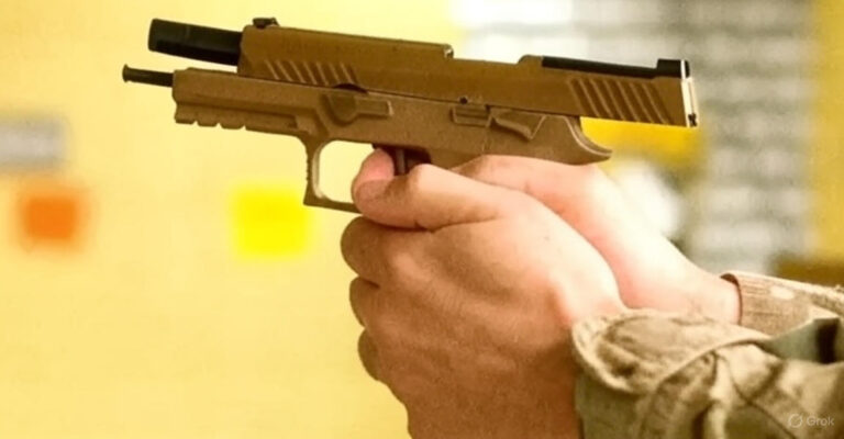 A Sig Sauer P320 pistol with a manual thumb safety, displayed against a neutral background.