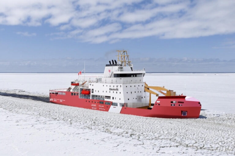 An artist's rendering of a Seaspan Multi-Purpose Icebreaker, a sleek, white vessel navigating icy waters, designed for the Canadian Coast Guard.