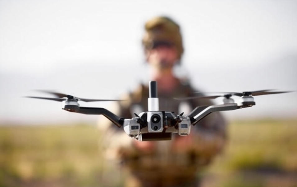 Black Widow quadcopter drone by Teal Drones hovering in flight.