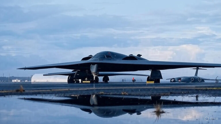 A heavily damaged B-2 Spirit stealth bomber rests on the runway at Whiteman Air Force Base, Missouri, surrounded by emergency response vehicles and debris, with visible fire damage on the left wing.