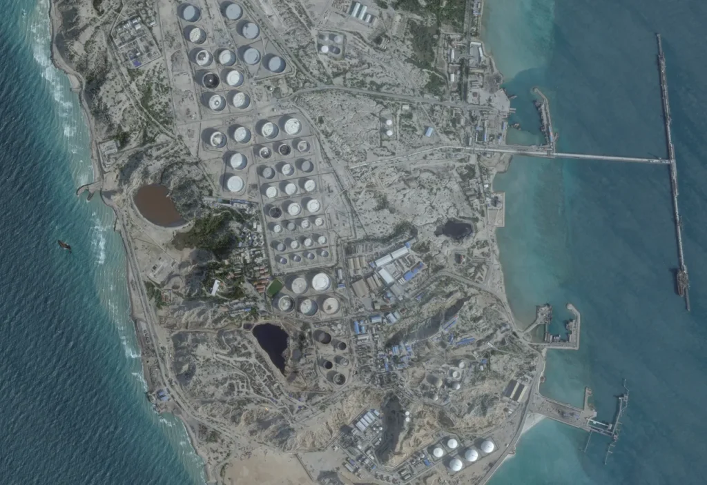 Aerial view of Kharg Island oil storage tanks and export terminal in the Persian Gulf