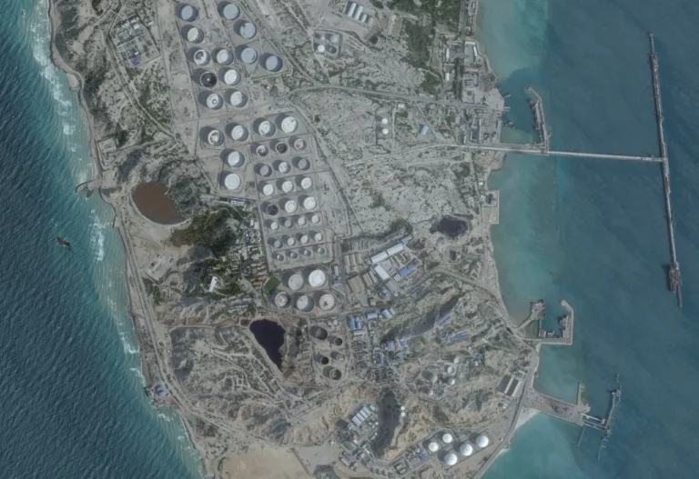 Aerial view of Kharg Island oil storage tanks and export terminal in the Persian Gulf