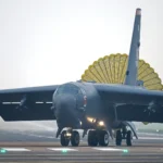 US Air Force B-52 Stratofortress bomber arriving at RAF Fairford in the United Kingdom during deployment amid Iran conflict
