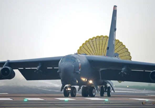 US Air Force B-52 Stratofortress bomber arriving at RAF Fairford in the United Kingdom during deployment amid Iran conflict