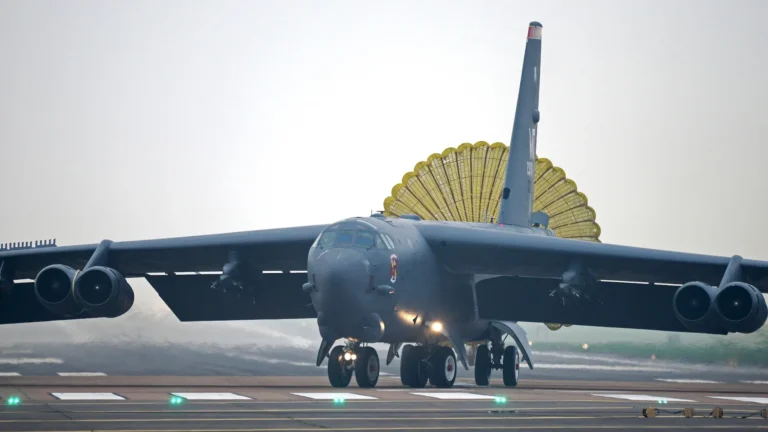 US Air Force B-52 Stratofortress bomber arriving at RAF Fairford in the United Kingdom during deployment amid Iran conflict