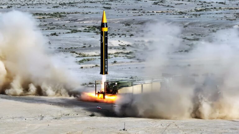 Iran Khorramshahr-4 ballistic missile launch during massive missile and drone attack targeting Israel and US bases in the Middle East