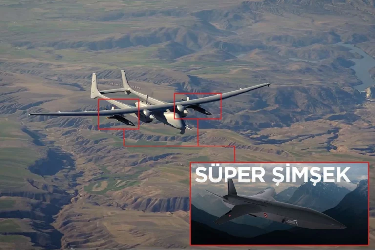 Turkish Aksungur unmanned combat aerial vehicle carrying two Super Simsek jet powered drones during a test flight