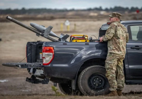 Merops counter drone system interceptor launching to destroy Iranian Shahed attack drone