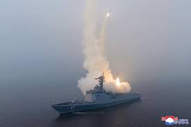 North Korea Showcases Cruise Missile Test from New Naval Destroyer.